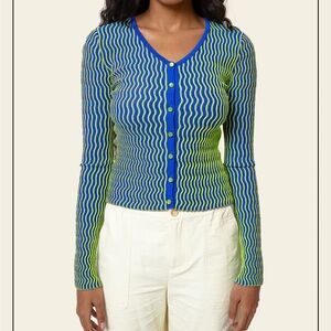 Find Me Now Vibrant Green & Blue Aster Squiggle Ribbed Knit Cardigan - Size XS
